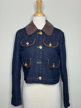 Avec Les Filles Navy Denim Jacket with Brown Faux Learher Trim Small